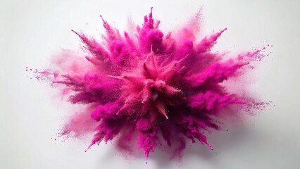 A vibrant explosion of fuchsia powder against a stark white backdrop, showcasing the dynamic energy and intricate details of a colorful burst