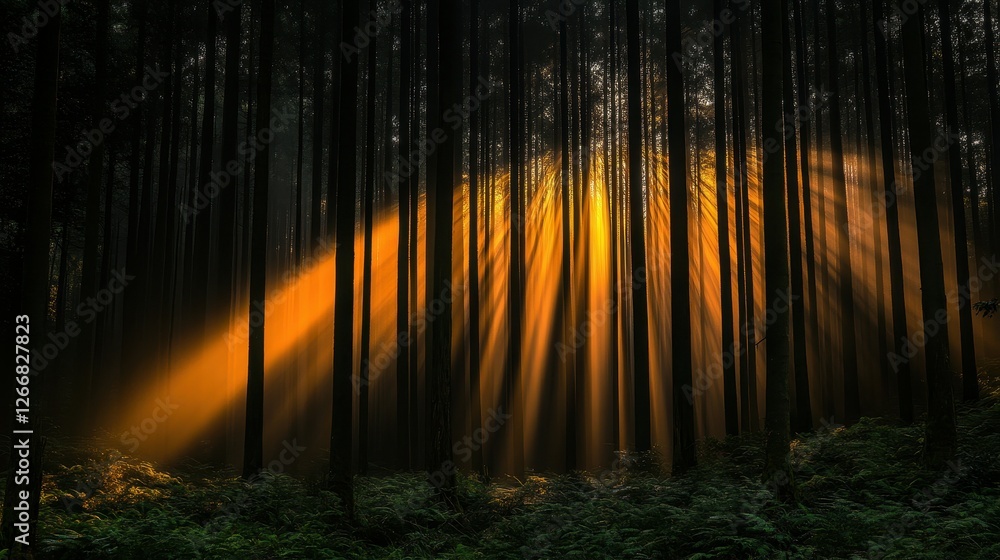 Poster a forest with trees that are illuminated by the sun. the sun's rays are shining through the trees, c