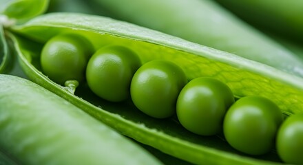 A close-up of fresh green peas inside an open pod, revealing the round seeds.