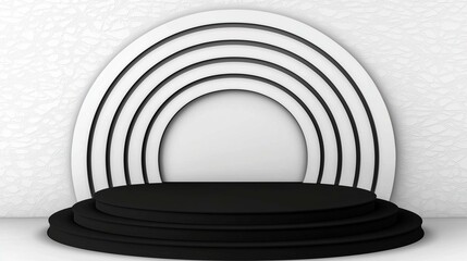 Obraz premium Minimalist stage design with layered arches and a black platform.