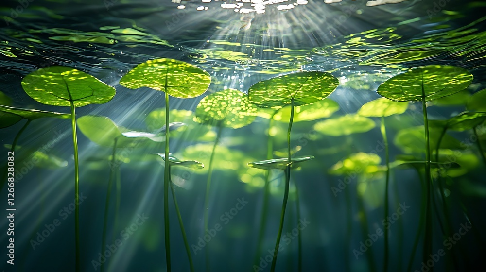 Wall mural Underwater sunlit aquatic plants, serene spring, nature background, eco poster