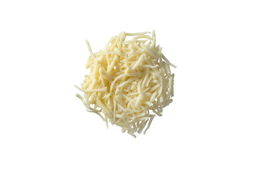A top down view of a pile of shredded mozzarella cheese, against a white background.
