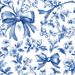 blue toile bows and flowers in vintage french classic style