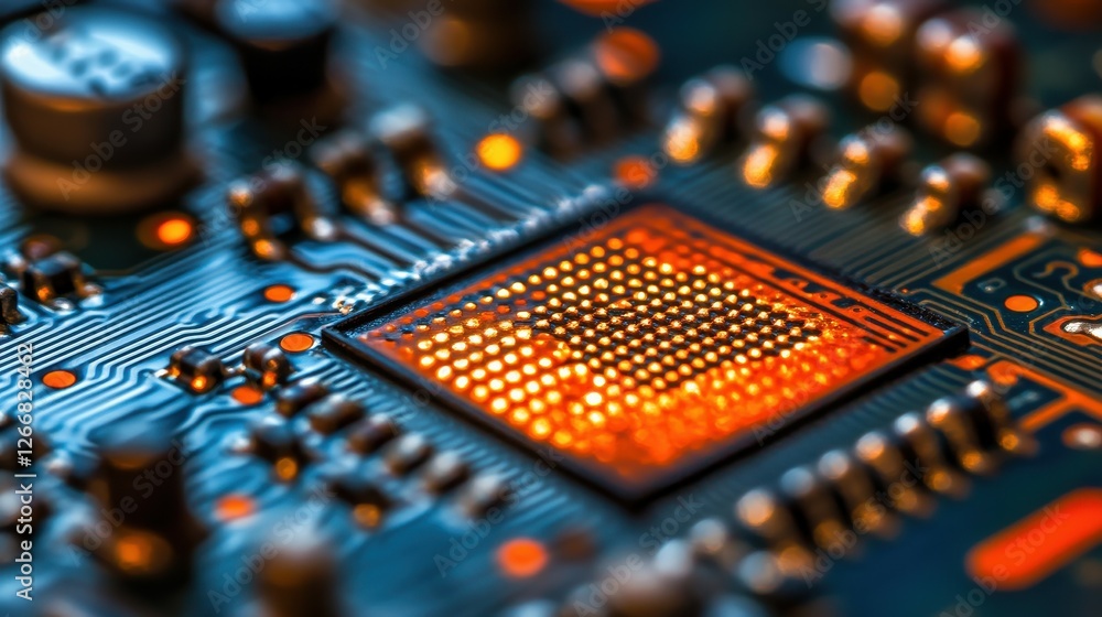 Poster a close up of a computer chip with a yellow glow. concept of technology and innovation, as well as t
