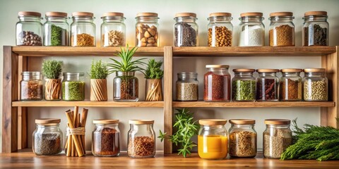 Organized pantry with various spices and herbs in glass jars on wooden shelves