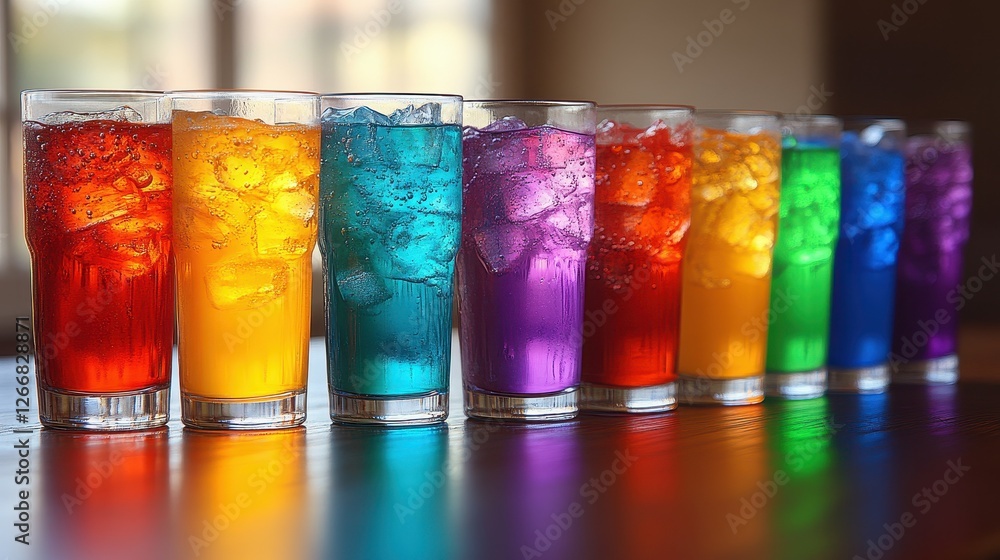 Poster a row of colorful glasses filled with different colored drinks. the glasses are lined up on a table,