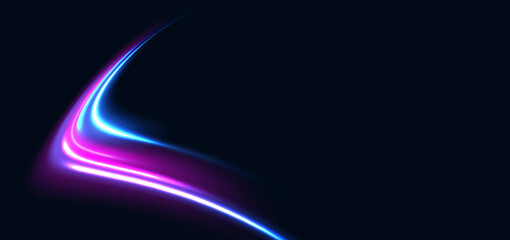 Futuristic glowing blue and pink curved rays on dark blue background.