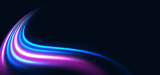 Hi-speed blue and pink curved rays on dark blue background. Speed motion moving concept.