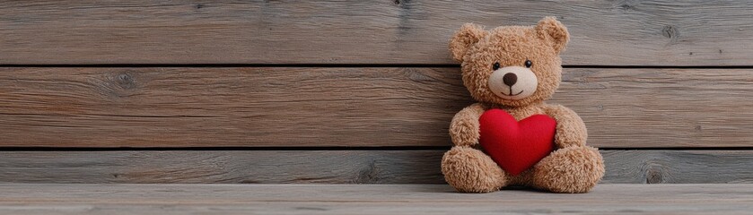 Cute Teddy Bear with Red Heart Sitting on Wooden Table Against Rustic Background