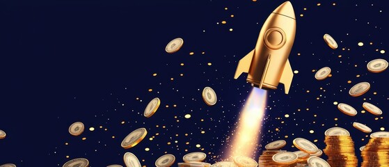 A golden rocket launches amidst scattered coins, symbolizing financial growth and innovation in a vibrant, dynamic setting.