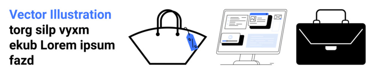 Designer handbag with a price tag, an e-commerce website interface on a computer screen, and a professional briefcase. Ideal for online shopping, branding, digital marketing, e-commerce, retail