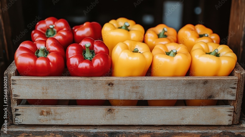 Poster a wooden crate filled with red and yellow peppers. the crate is on a table. the peppers are in diffe