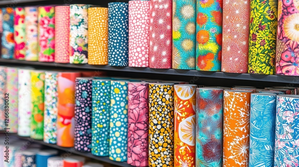 Poster a row of colorful fabric rolls with a variety of patterns and colors. the rolls are arranged in a wa