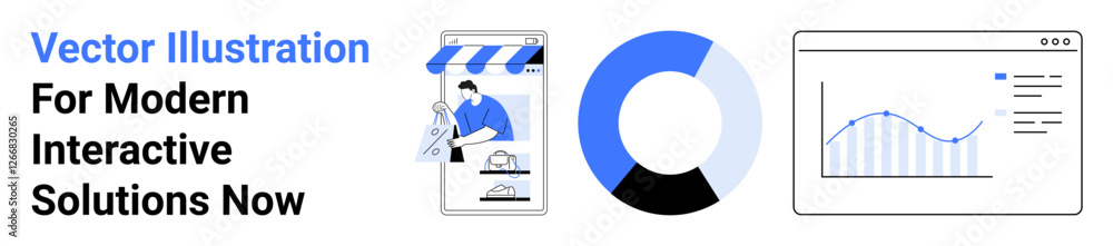 Poster mobile storefront with person updating catalog, circular chart, and analytics dashboard with graph. 