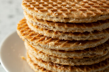 A closeup view of a stack of stroopwafels.