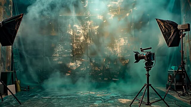 A photography studio setup featuring a camera, softbox lighting, and a smoky backdrop, creating a dramatic and creative atmosphere.