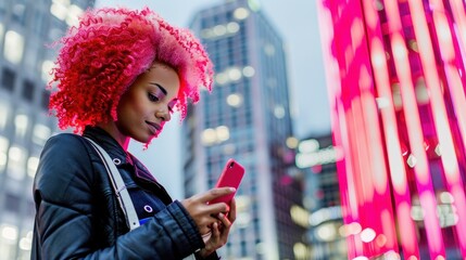 A woman with red hair is looking at her phone in a city. The city is lit up with neon lights, creating a vibrant and energetic atmosphere. The woman is focused on her phone