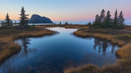 Fototapeta premium Serene Coastal Marsh Sunset Landscape With Mountain View