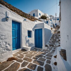 A perspective view of a traditional Greek stone pathway leading to a blue-doored house, fading into white surroundings.