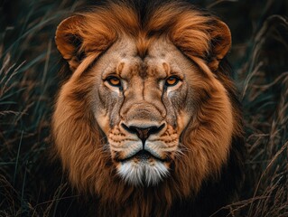 Majestic male lion portrait, intense gaze. Perfect for wildlife, power, or nature themes.