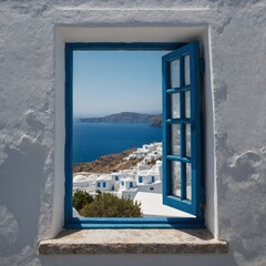 A single Greek window with blue shutters, open to an unseen ocean view, against a white space.