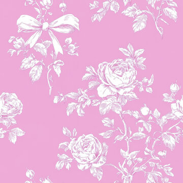 seamless pattern outline white Rose floral with bow coquette, outline sketch white toile
