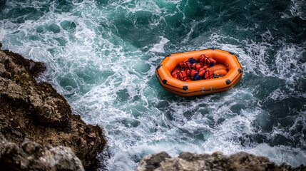Fototapeta premium Orange Raft Navigating Turbulent Waters near Rocky Coastline