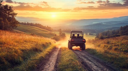 People ride ATV in nature at sunset. Mountain view. Leisure