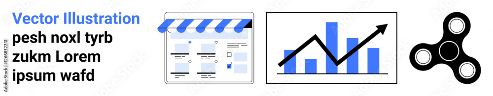 Aufkleber vector elements include a storefront, increasing bar chart, and a fidget spinner. ideal for online b