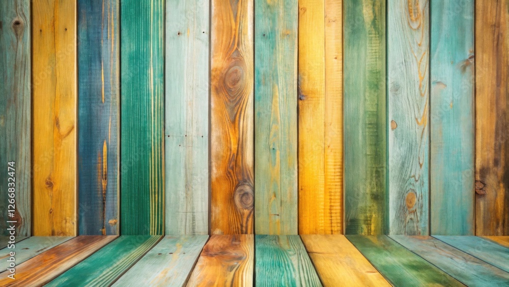 Poster A Colorful Wooden Display with Multi-hued Planks and a Smooth Surface Ideal for Product Showcases