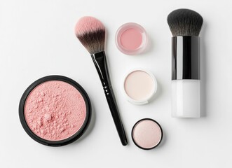 A flat lay composition of makeup tools and powder on a white background, including brushes, compact cosmetics with dust in the air, top view, 