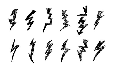 Set of lightning by wax pen drawing. Collection of handdrawing chalk , light flash signs, Doodle thunder bolts, black color design elements. Graffiti style weather symbols. Vector illustration