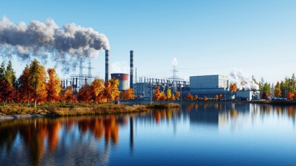 Naklejka premium Autumnal industrial complex reflected in tranquil lake