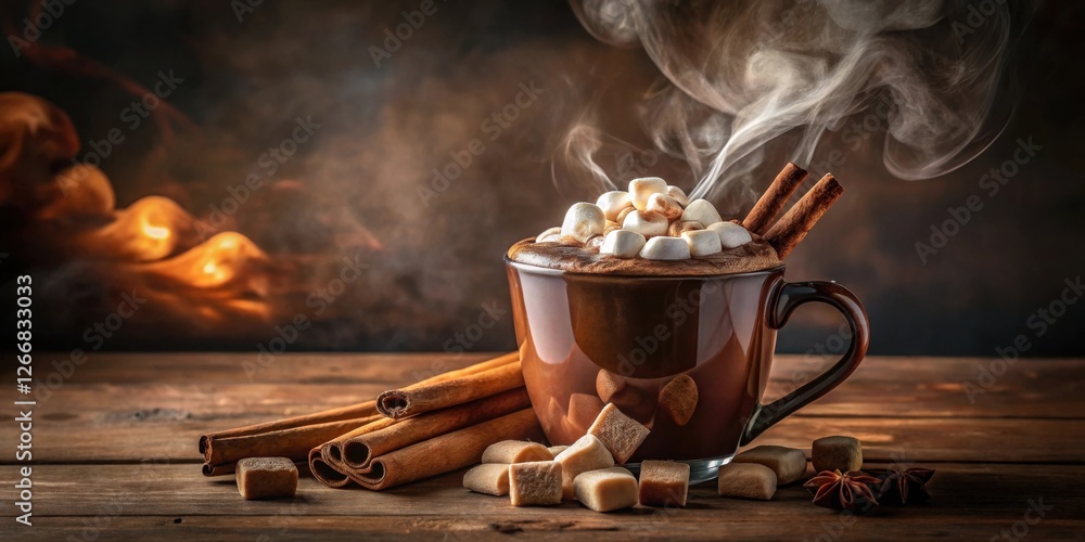 Poster warm, steaming mug of cocoa topped with marshmallows and cinnamon sticks on wooden table