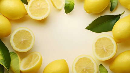 Fresh lemons and leaves border. Food recipe background
