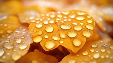 Golden Autumn Leaves Glistening With Dewdrops