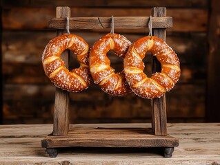 Freshly Baked Pretzels on a Rustic Wooden Stand