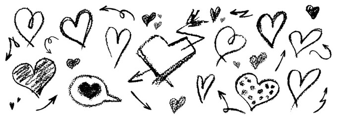 Set of black hearts signs drawn by wax pencil. Love symbols in doodle style. Collection of hand drawn kid hearts elements for valentine card or rock, hip hop music poster design. Vector illustration