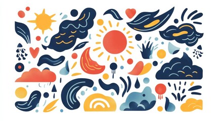 Colorful abstract weather-themed illustration featuring sun, clouds, and raindrops