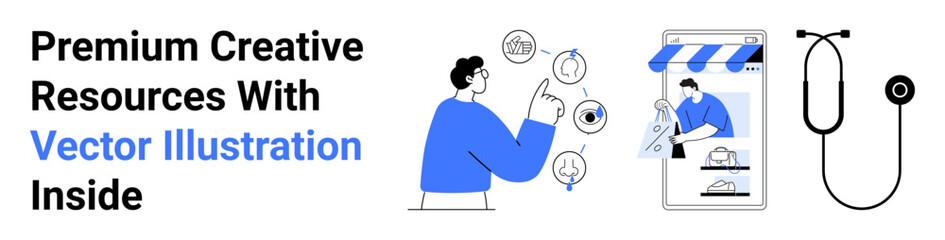 Person interacting with icons, online store, and stethoscope representing creativity, e-commerce, and healthcare. Ideal for business, e-learning, freelancing, marketing startups technology flat