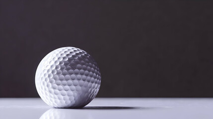 Golf ball rests on white surface, dark background. Sports image