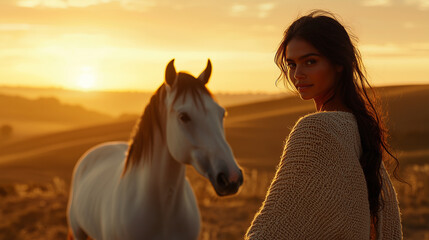 Obraz premium Elegant woman with horse in sunlit meadow