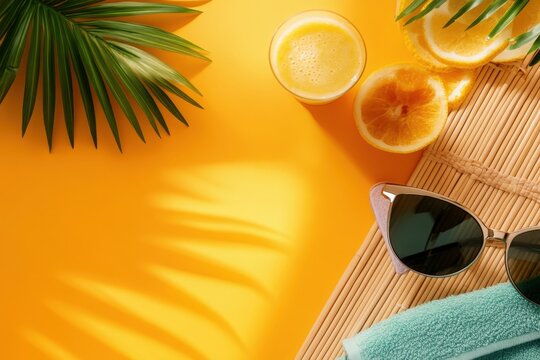A top view of a vacation theme on a warm orange studio background, featuring a tropical fruit smoothie in a glass, sunglasses, a folded beach towel, and a travel itinerary on a bamboo mat.  - Powered by Adobe