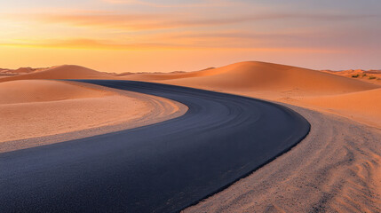 Fototapeta premium A gently curving desert road under a twilight sky, with warm sand dunes on either side