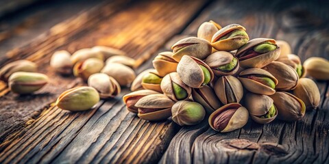 A delectable pile of shelled pistachios rests on a rustic wooden surface, showcasing their natural creamy beige and vibrant green hues, a captivating image of wholesome snacking