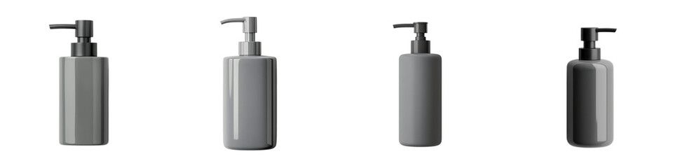 Obraz premium Gray Metallic Minimalist Hand Pump Bottle Dispensers for Bathroom Kitchen or Home Hygiene Products Modern Minimalist Design Plastic Containers for Soap Shampoo Conditioner
