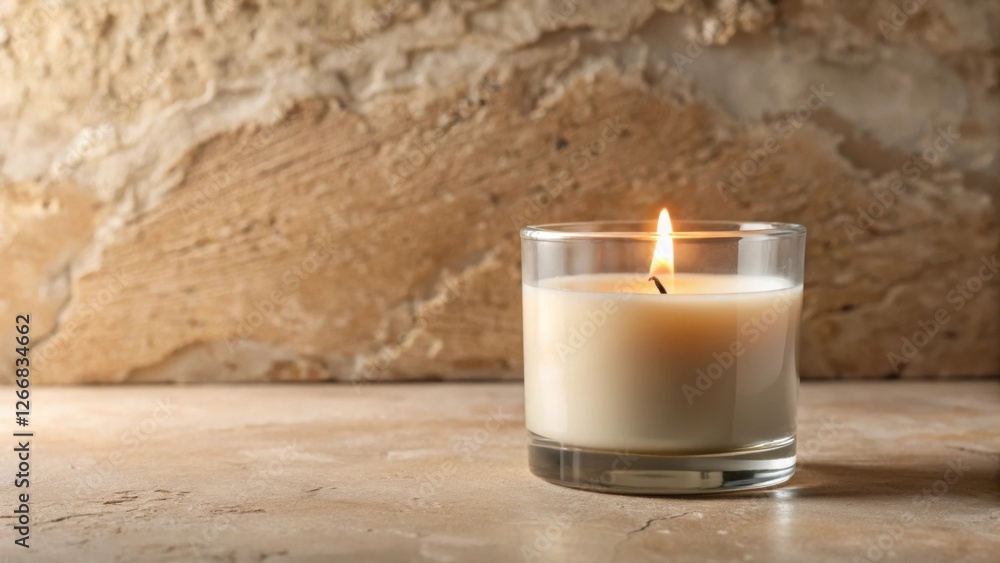Poster a single burning candle in a clear glass container sits on a textured surface against a blurred back