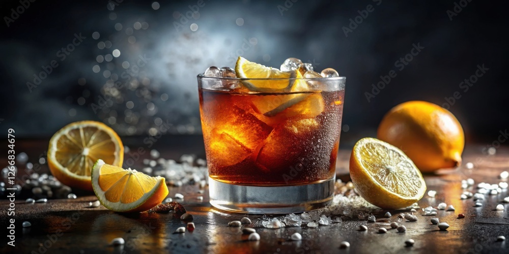 Poster refreshing iced citrus beverage with sparkling ice cubes in a glass