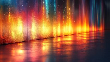 Abstract futuristic interior with vibrant colorful light displays on walls and reflections on a dark concrete floor,  featuring various shades of orange, red, blue, and yellow light, creating a
