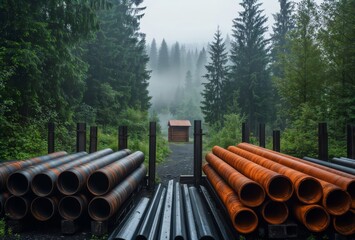 Pipeline in forest. Industrial pipes in foggy forest with small house.